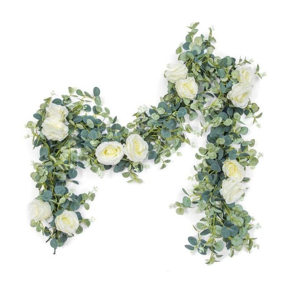 6 feet Artificial Flower Eucalyptus Garland w/ Champagne Roses Silk Vine Hanging